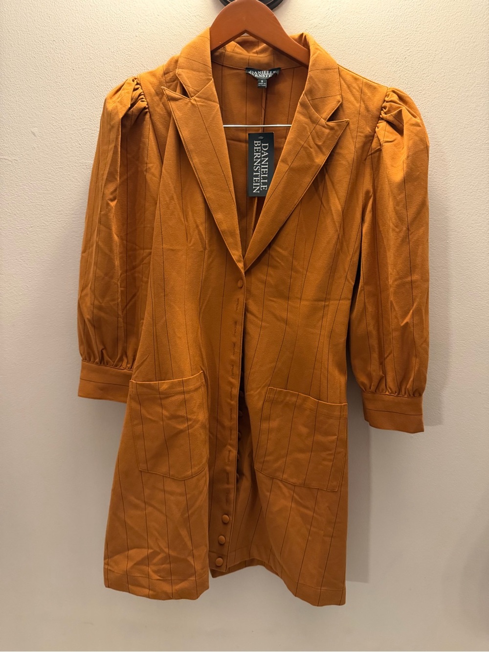Danielle Bernstein Pinstripe Blazer Dress Mustard Yellow NWT Size 8 Puff Sleev
